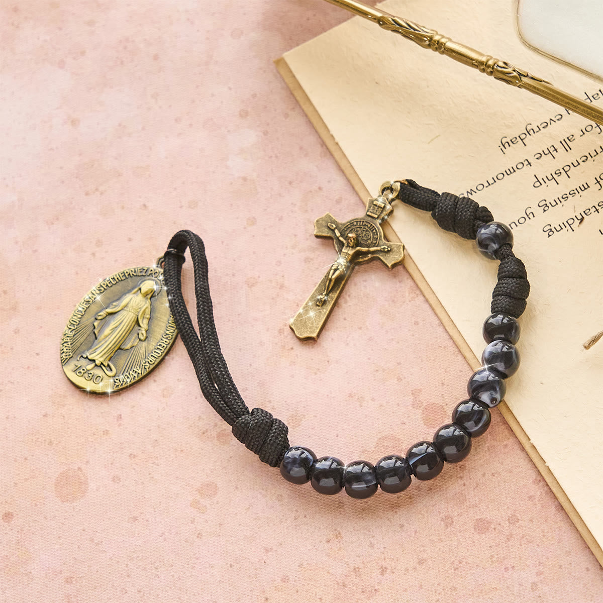 Classic Black Portable Faith Rosary with Bronze Our Lady with Crucifix