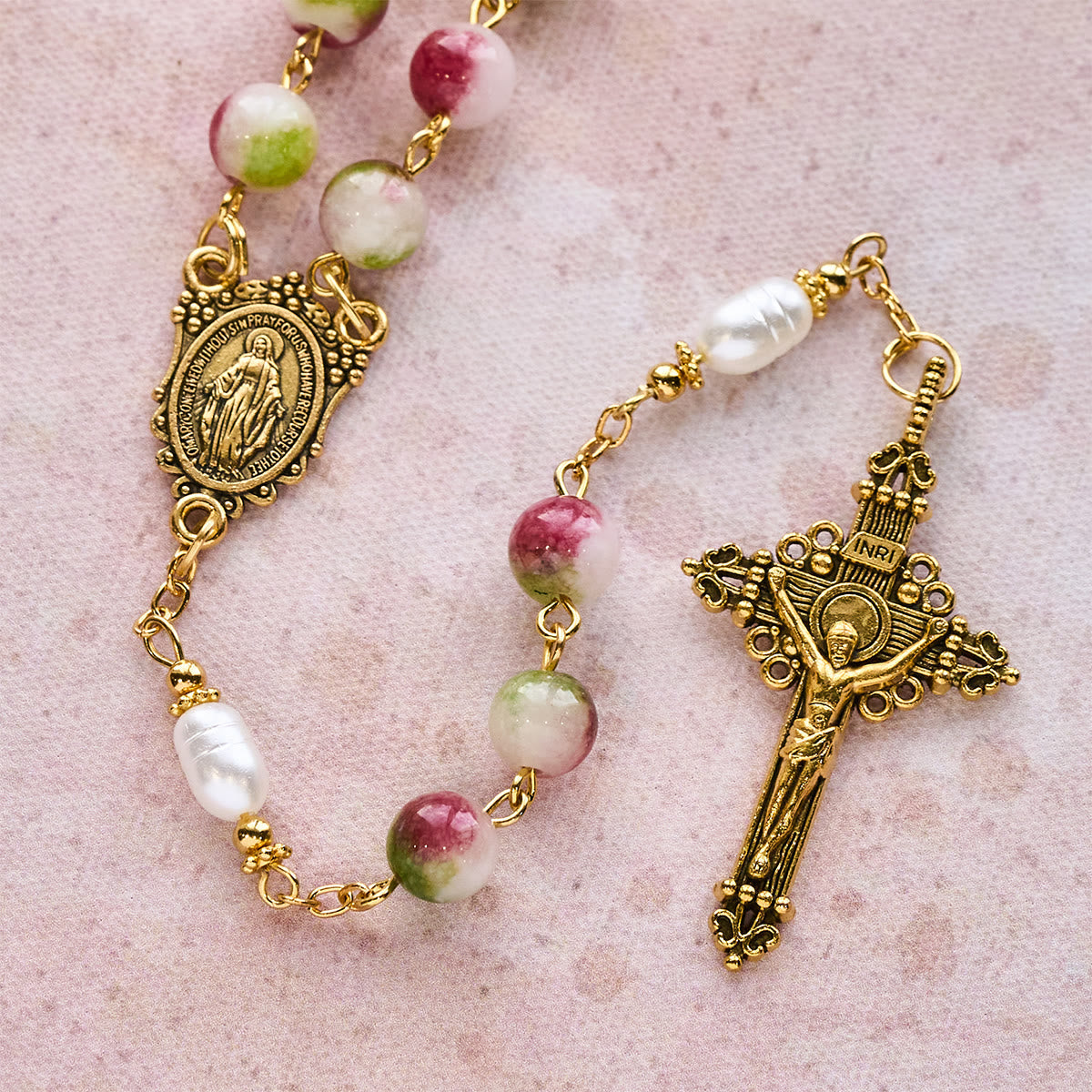 Vibrant Tourmaline Rosary with Golden Chain & Christ Crucifix