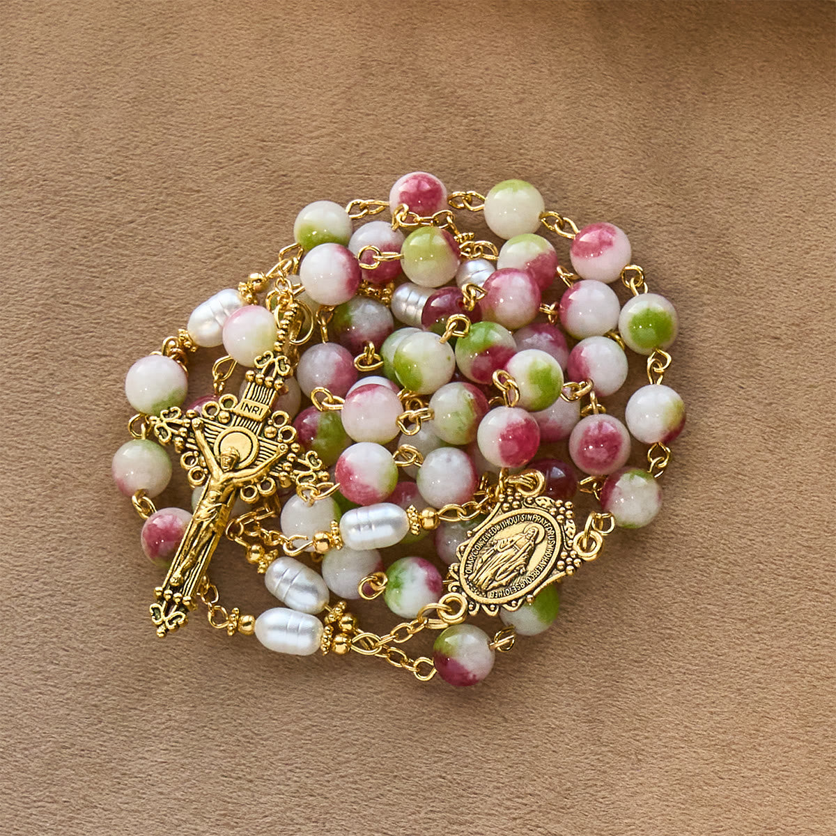 Vibrant Tourmaline Rosary with Golden Chain & Christ Crucifix