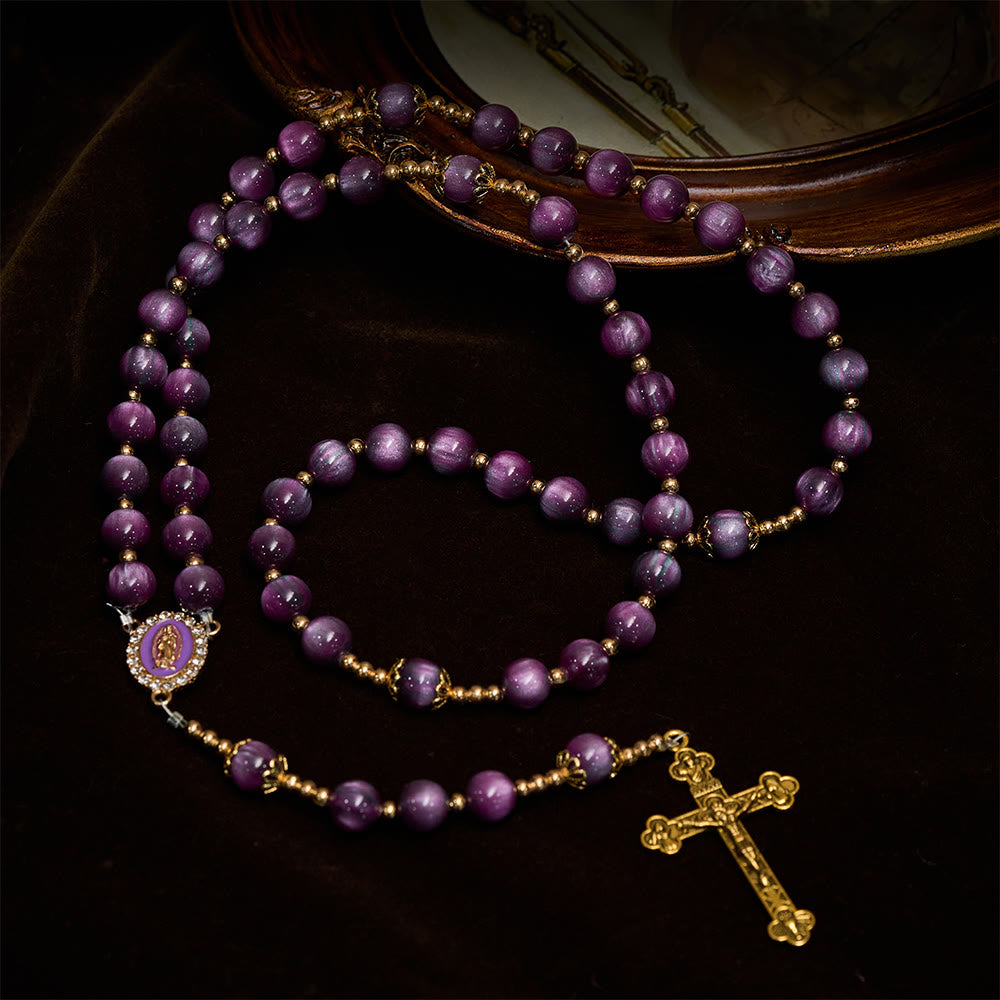 Canvas-Style Shimmery Purple Rosary with Our Lady: Gilded Faith Devotion