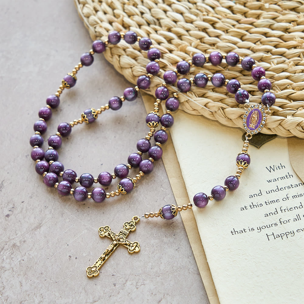 Canvas-Style Shimmery Purple Rosary with Our Lady: Gilded Faith Devotion