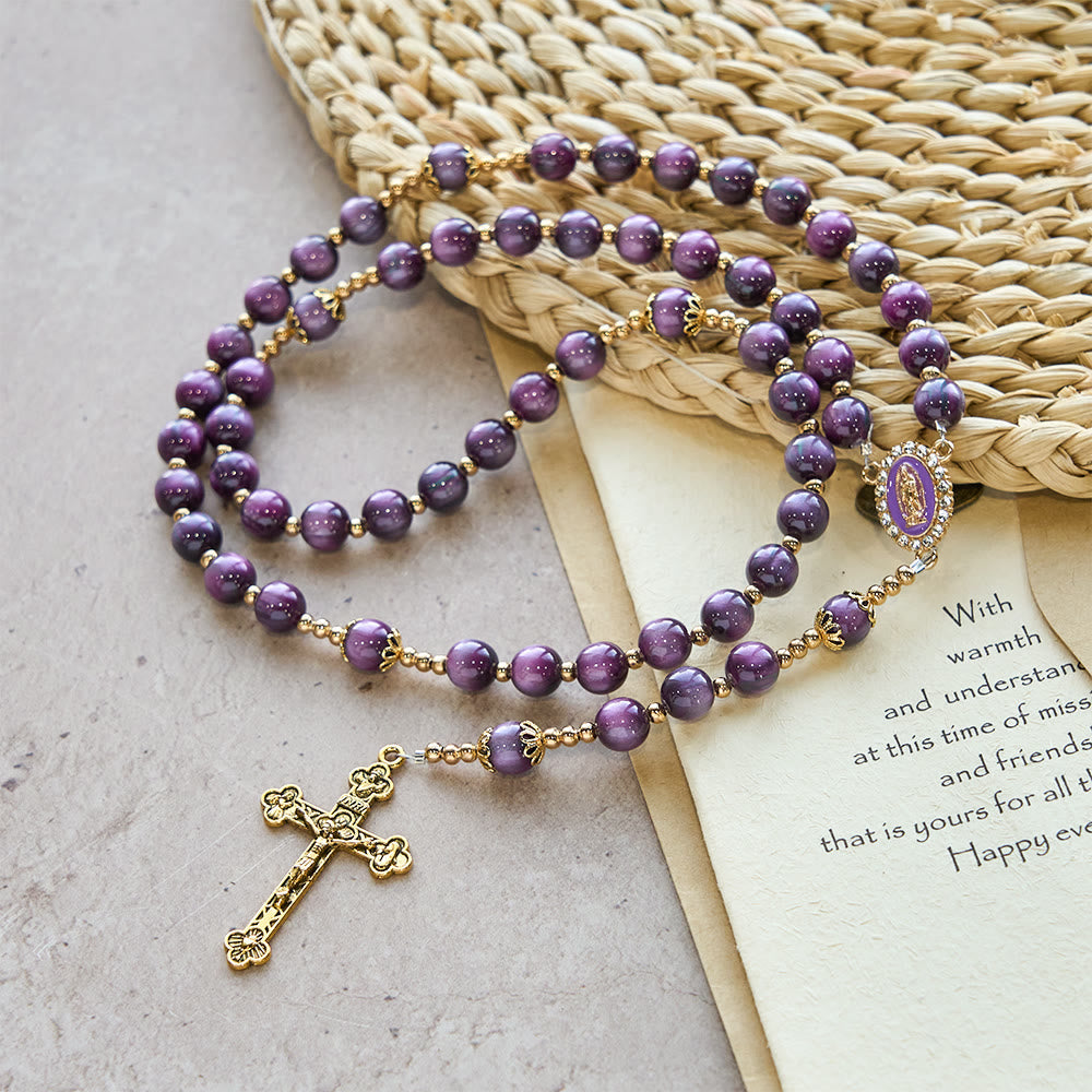 Canvas-Style Shimmery Purple Rosary with Our Lady: Gilded Faith Devotion