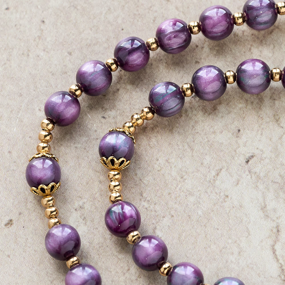 Canvas-Style Shimmery Purple Rosary with Our Lady: Gilded Faith Devotion