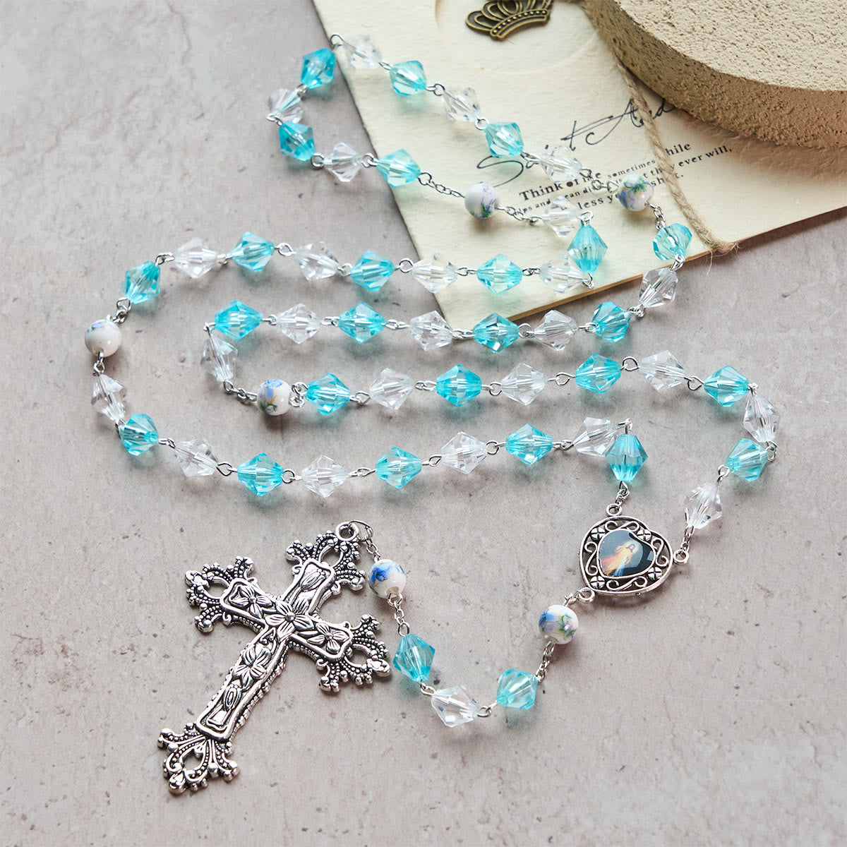 Blessed Aqua & White Devotion Rosary with Our Lady Heart Charm: Merge Light and Faith