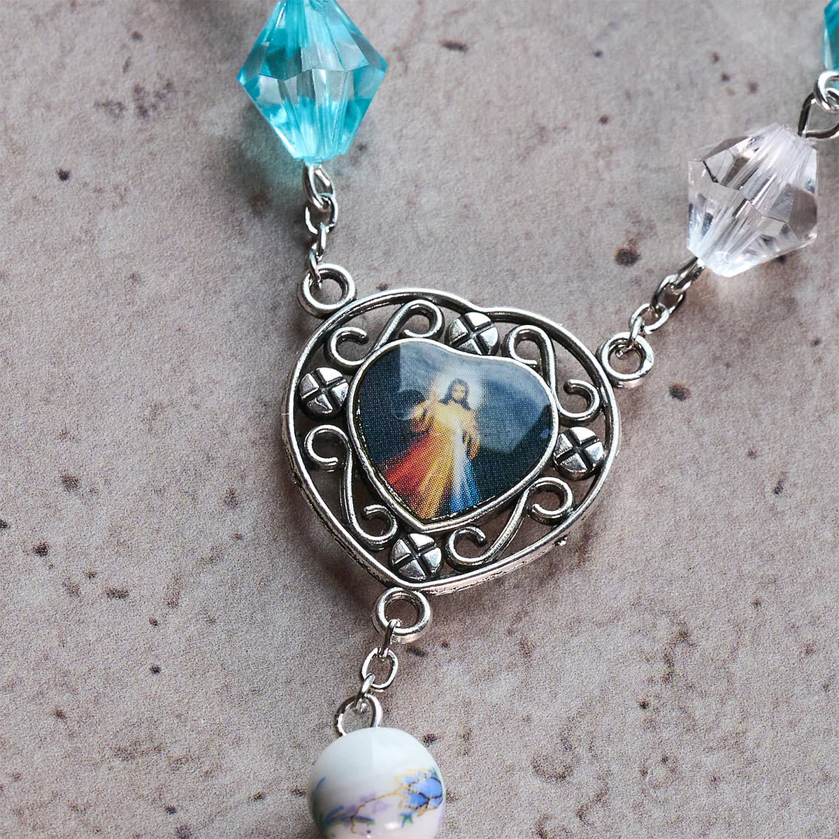 Blessed Aqua & White Devotion Rosary with Our Lady Heart Charm: Merge Light and Faith