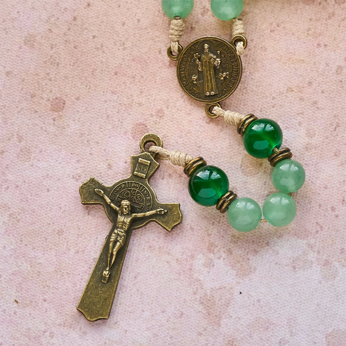 Blessed Green Aventurine Rosary: Jade Beads & St. Benedict Guardian Charm