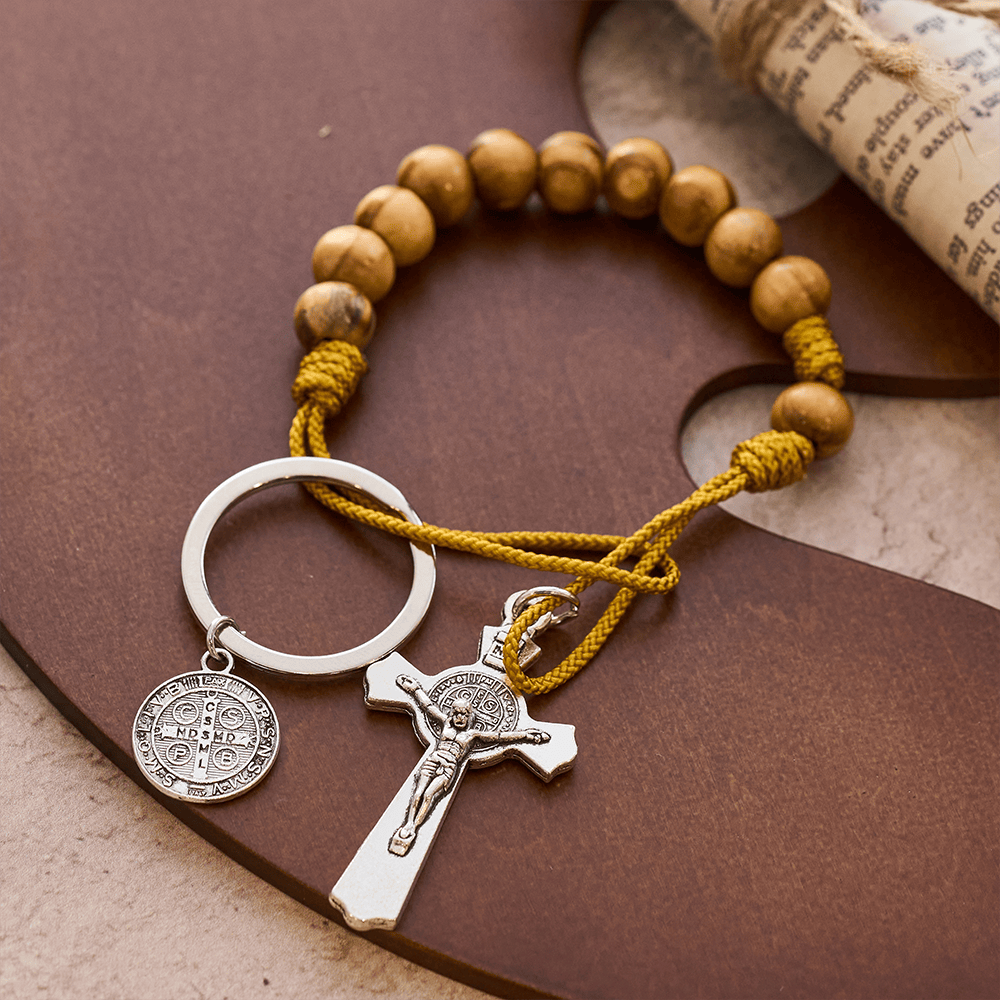 Crucifix & St. Benedict Medal Wood Pocket Rosary: Soft Prompt of Peace