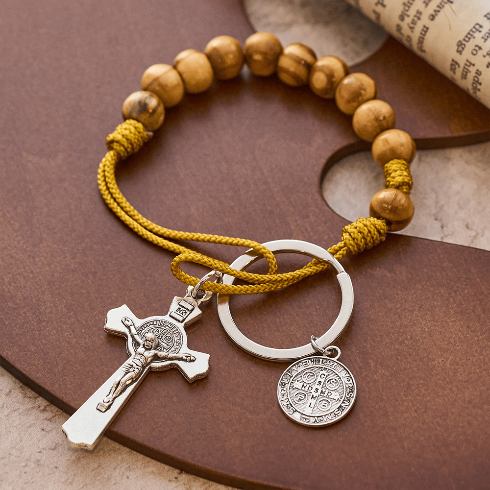 Crucifix & St. Benedict Medal Wood Pocket Rosary: Soft Prompt of Peace