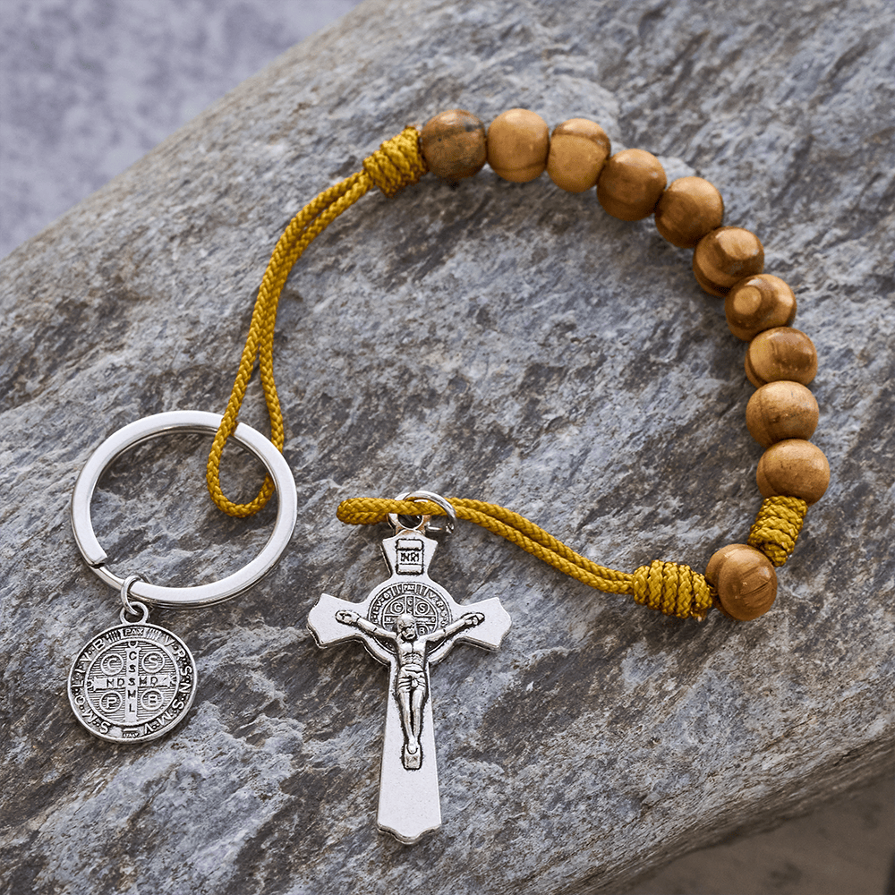 Crucifix & St. Benedict Medal Wood Pocket Rosary: Soft Prompt of Peace