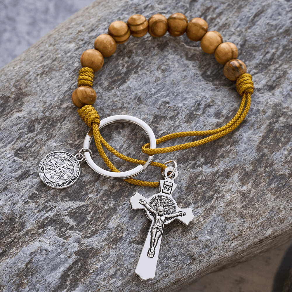 Crucifix & St. Benedict Medal Wood Pocket Rosary: Soft Prompt of Peace