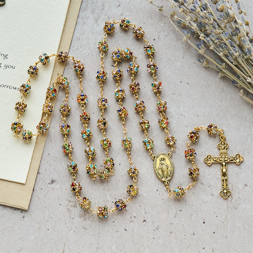 Luxurious Gilded Sparkling Rosary: Dazzling Multi-Color Beads & Our Lady Charm