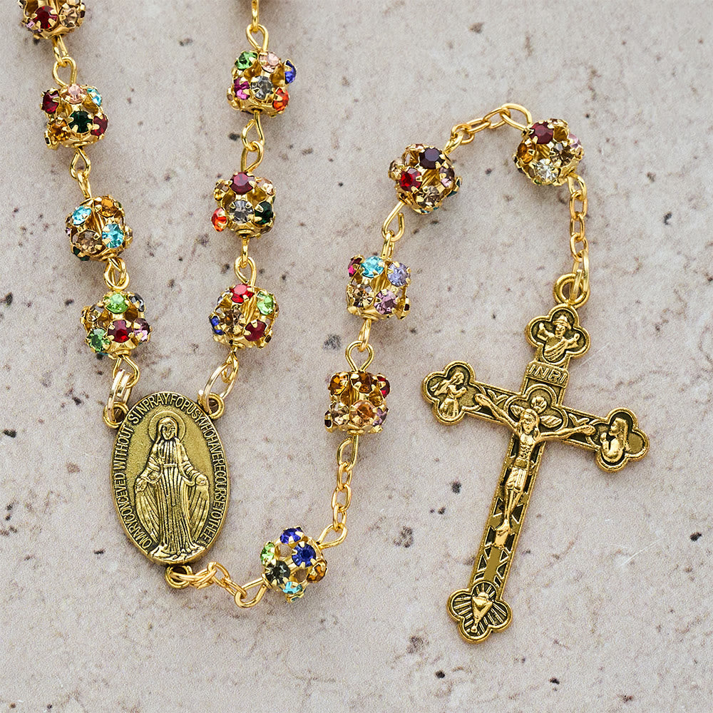Luxurious Gilded Sparkling Rosary: Dazzling Multi-Color Beads & Our Lady Charm