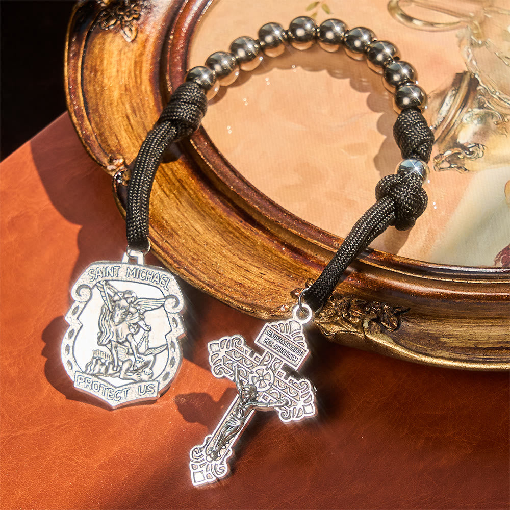 Dual Use Car Pendant & Pocket Rosary with St. Michael & Benedict Guardian Shield and Evil Repelling Grace