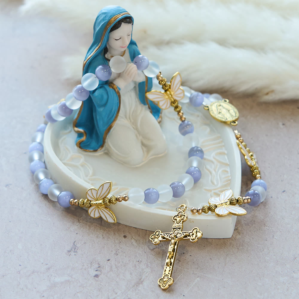 Purple/Pink Cat's Eye & Matte Glass Butterfly Blessed Rosary: Embody Sacred Love and Grace