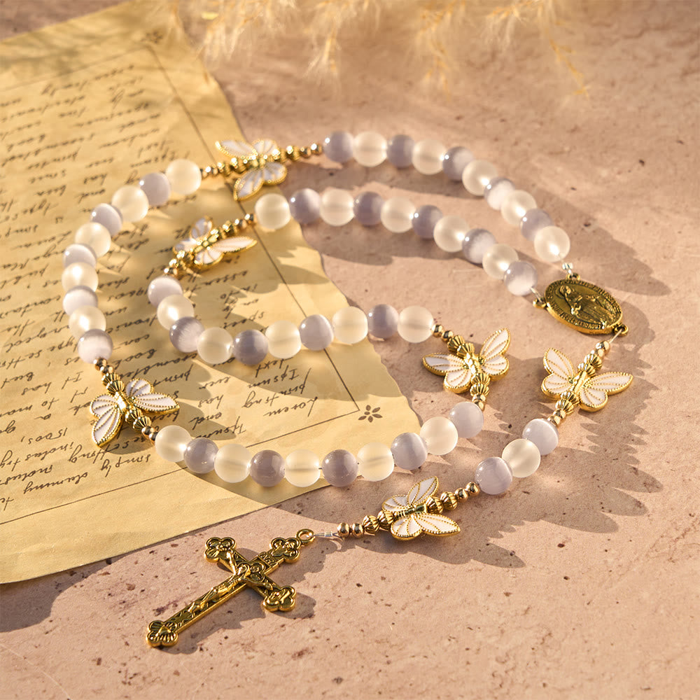 Purple/Pink Cat's Eye & Matte Glass Butterfly Blessed Rosary: Embody Sacred Love and Grace