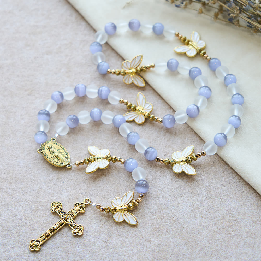 Purple/Pink Cat's Eye & Matte Glass Butterfly Blessed Rosary: Embody Sacred Love and Grace