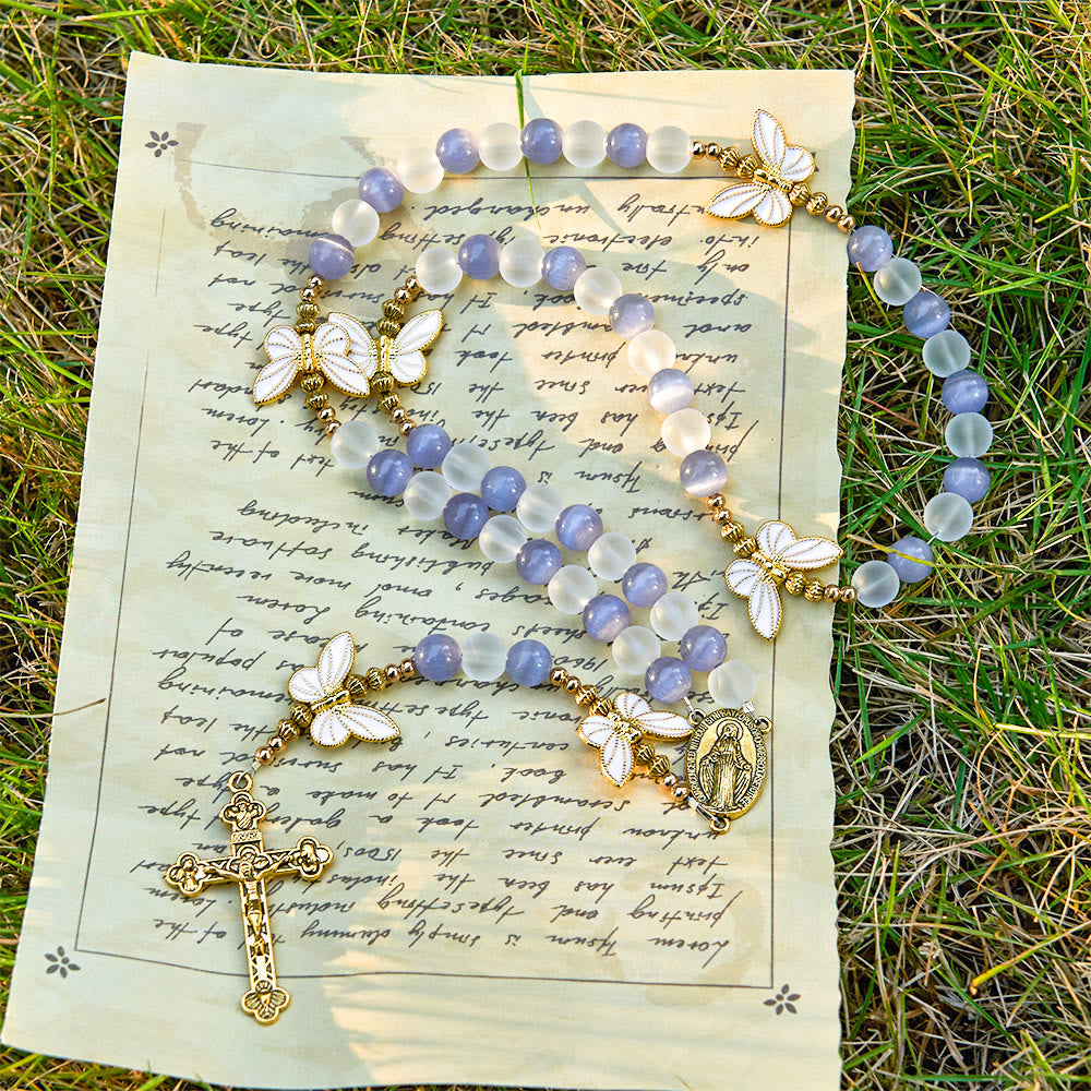 Purple/Pink Cat's Eye & Matte Glass Butterfly Blessed Rosary: Embody Sacred Love and Grace