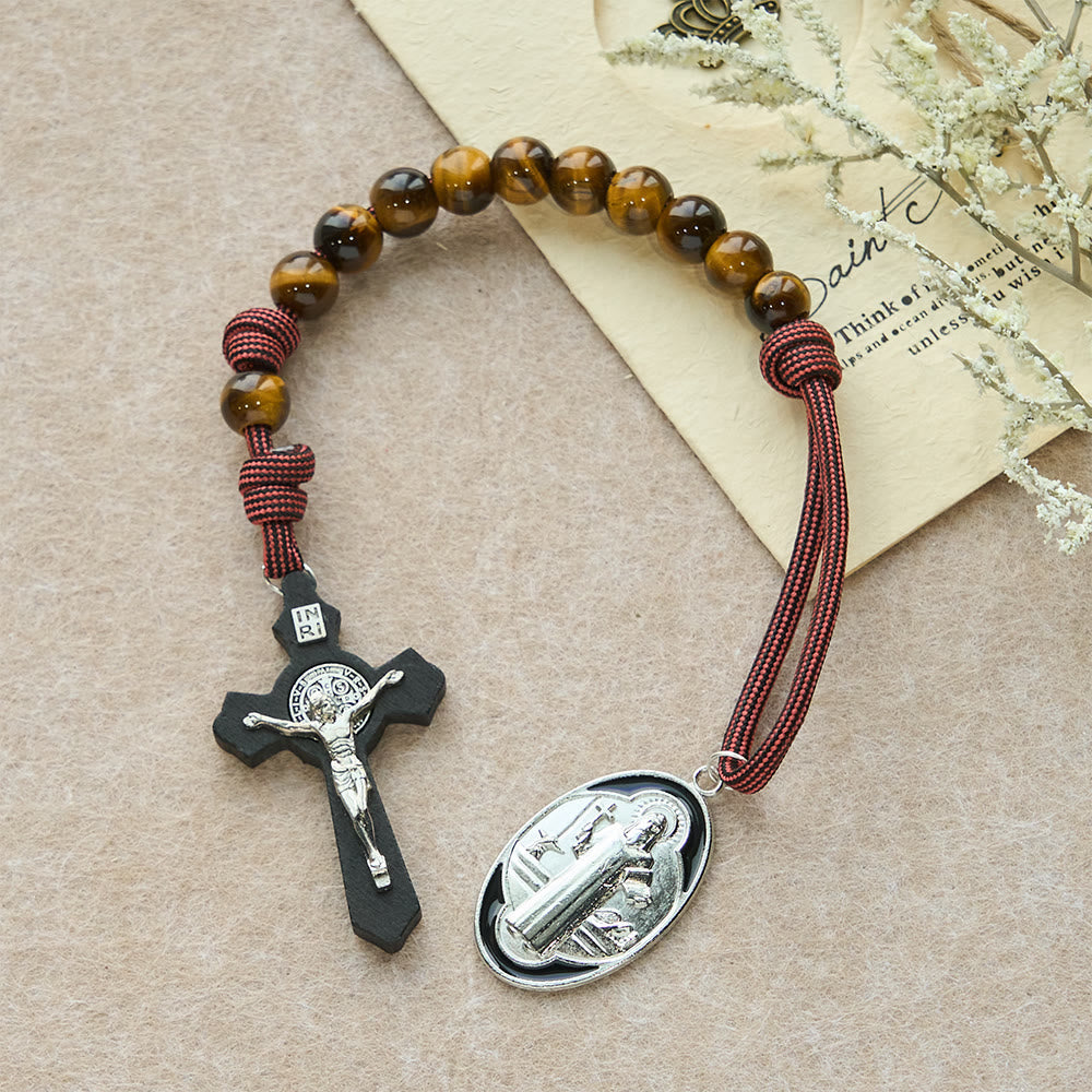 Tiger Eye Pocket Rosary with Courage & Protection: Blessed St. Benedict Exorcism Medal & Cross