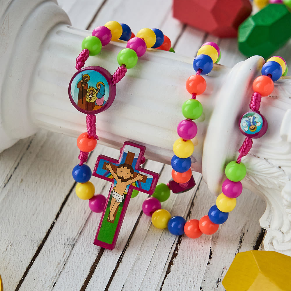 Colorful Children Rosary with Holy Family & Saint Charms: Child-Friendly Faith Prayer Beads