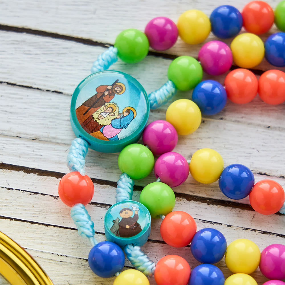 Colorful Children Rosary with Holy Family & Saint Charms: Child-Friendly Faith Prayer Beads