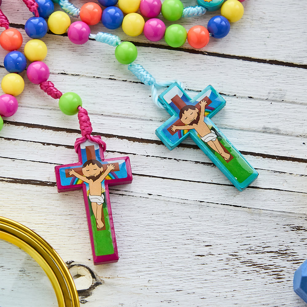 Colorful Children Rosary with Holy Family & Saint Charms: Child-Friendly Faith Prayer Beads