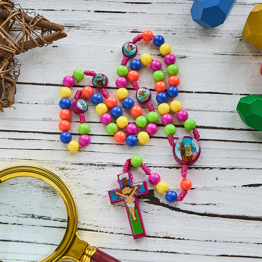 Colorful Children Rosary with Holy Family & Saint Charms: Child-Friendly Faith Prayer Beads