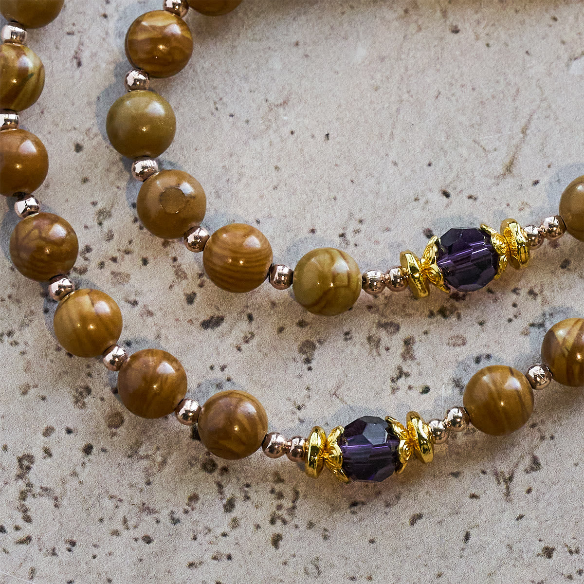 Natural Yellow Wood Grain Stone Rosary with Holy Grail Trijunction & Violet Accent