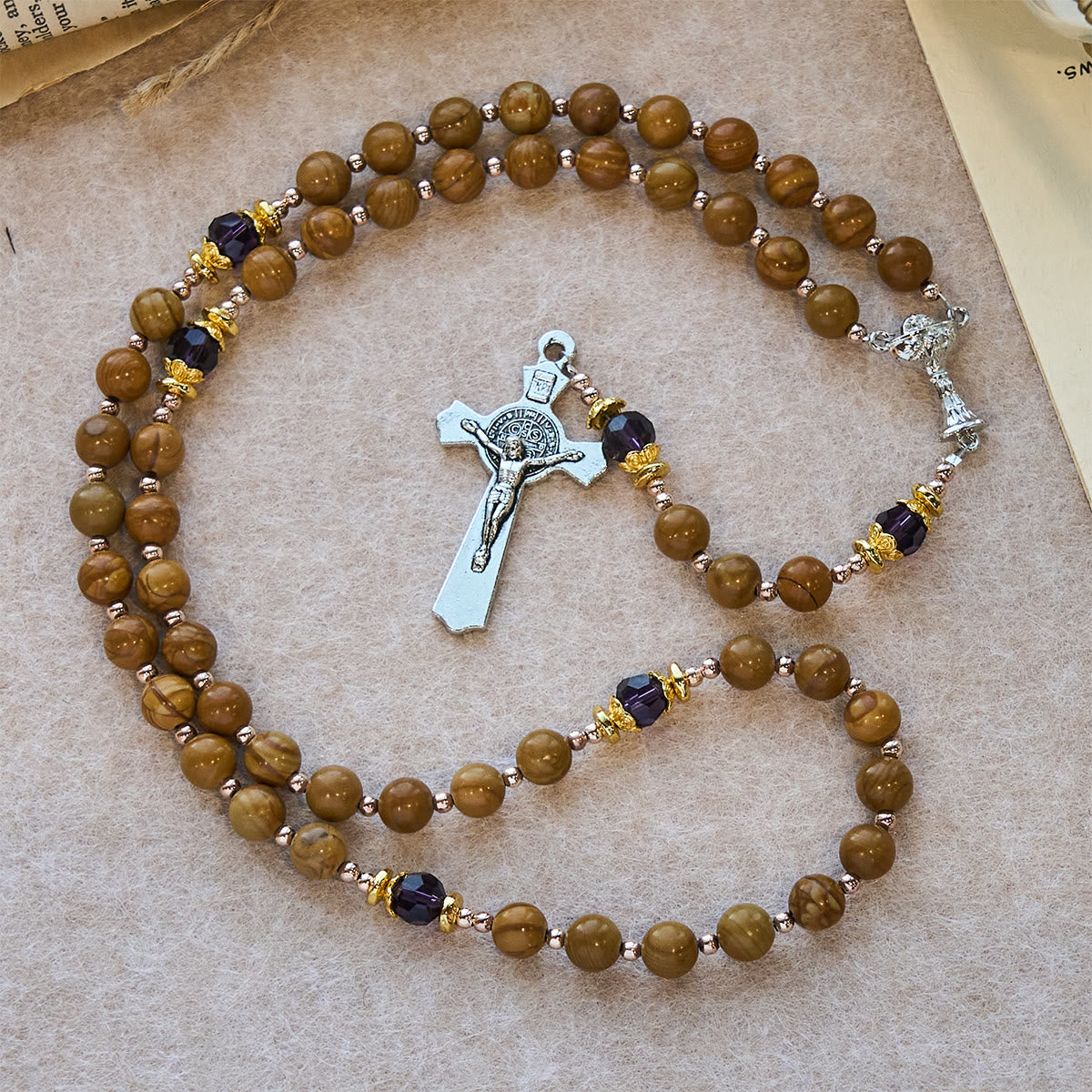 Natural Yellow Wood Grain Stone Rosary with Holy Grail Trijunction & Violet Accent