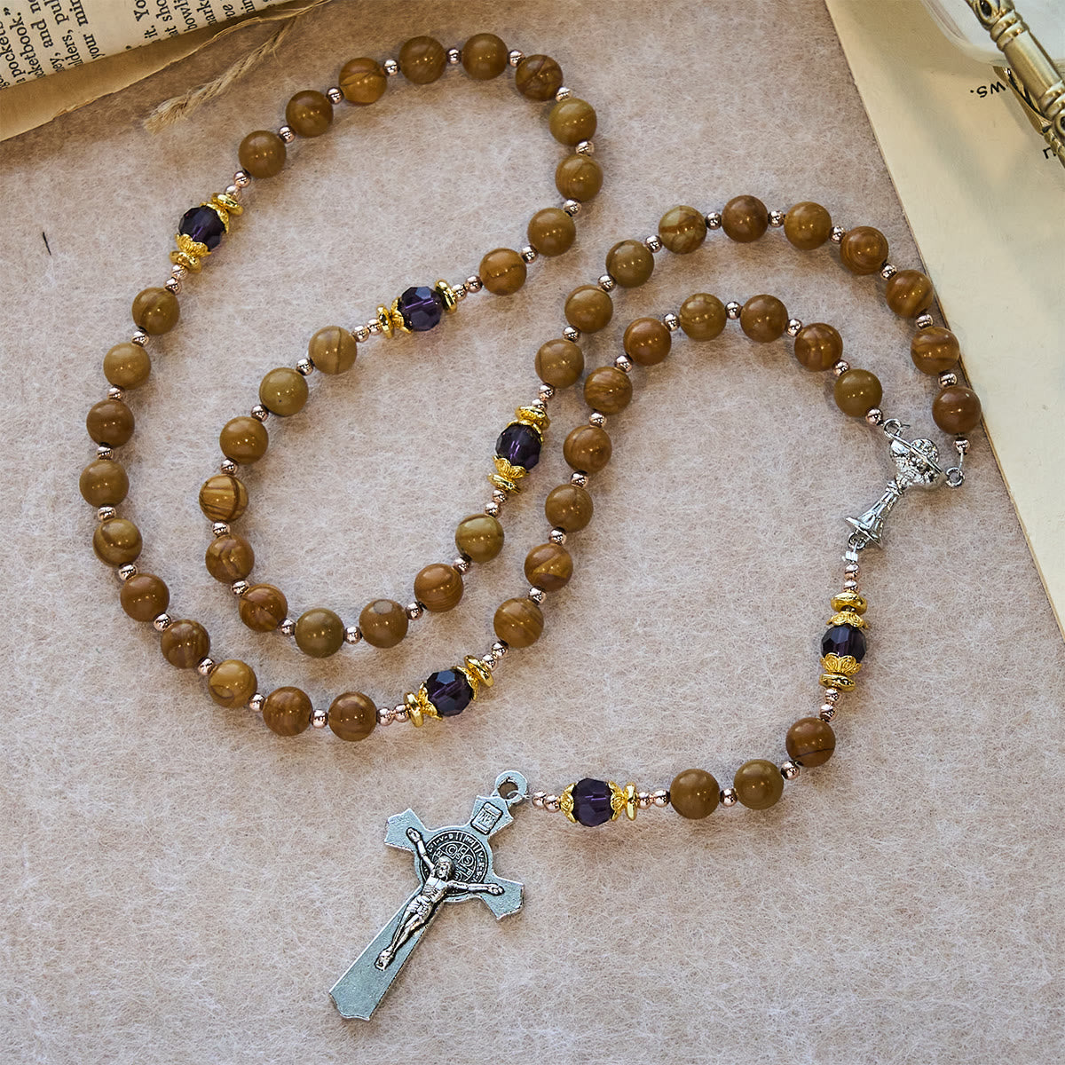 Natural Yellow Wood Grain Stone Rosary with Holy Grail Trijunction & Violet Accent