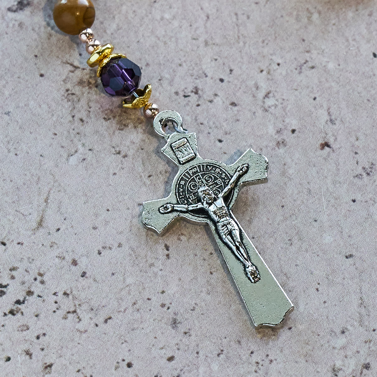 Natural Yellow Wood Grain Stone Rosary with Holy Grail Trijunction & Violet Accent