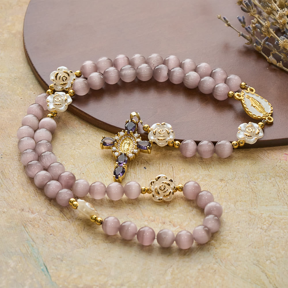 Soft Pink Cat's Eye Rosary with White Rose Beads and Holy Mother Emblem
