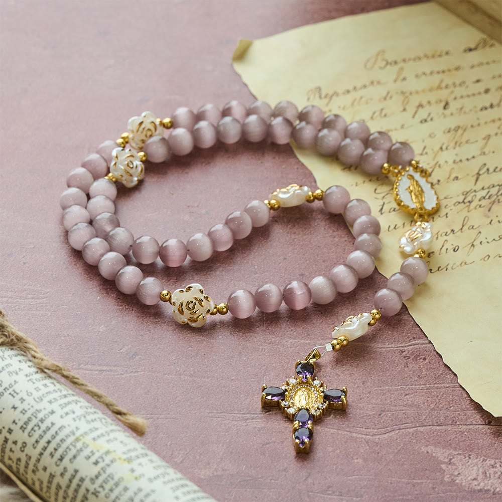 Cat's Eye & Rose Devotion Rosary in Lavender & Pink: Holy Mother Centerpiece for Gentle Prayer