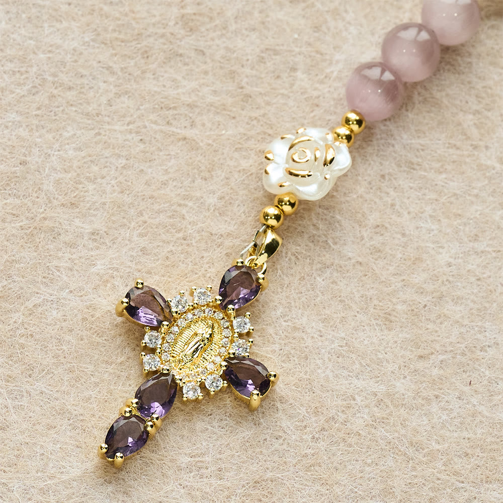 Soft Pink Cat's Eye Rosary with White Rose Beads and Holy Mother Emblem
