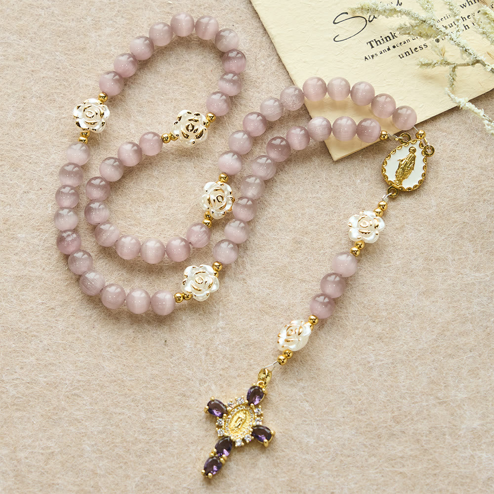 Soft Pink Cat's Eye Rosary with White Rose Beads and Holy Mother Emblem