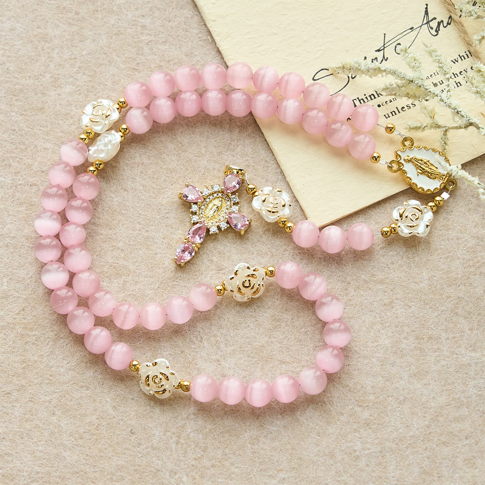 Soft Pink Cat's Eye Rosary with White Rose Beads and Holy Mother Emblem