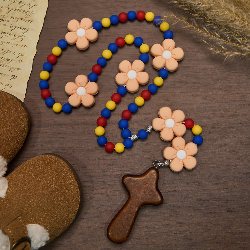 Kids Rosary with Soft Silicone Flowers: Fun Flower Design with Red Yellow Blue Palette