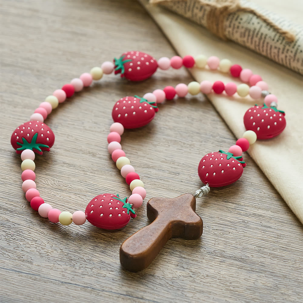 Strawberry Sweet Kids Rosary: Soft Berries & Pink White Beads for Young Believers