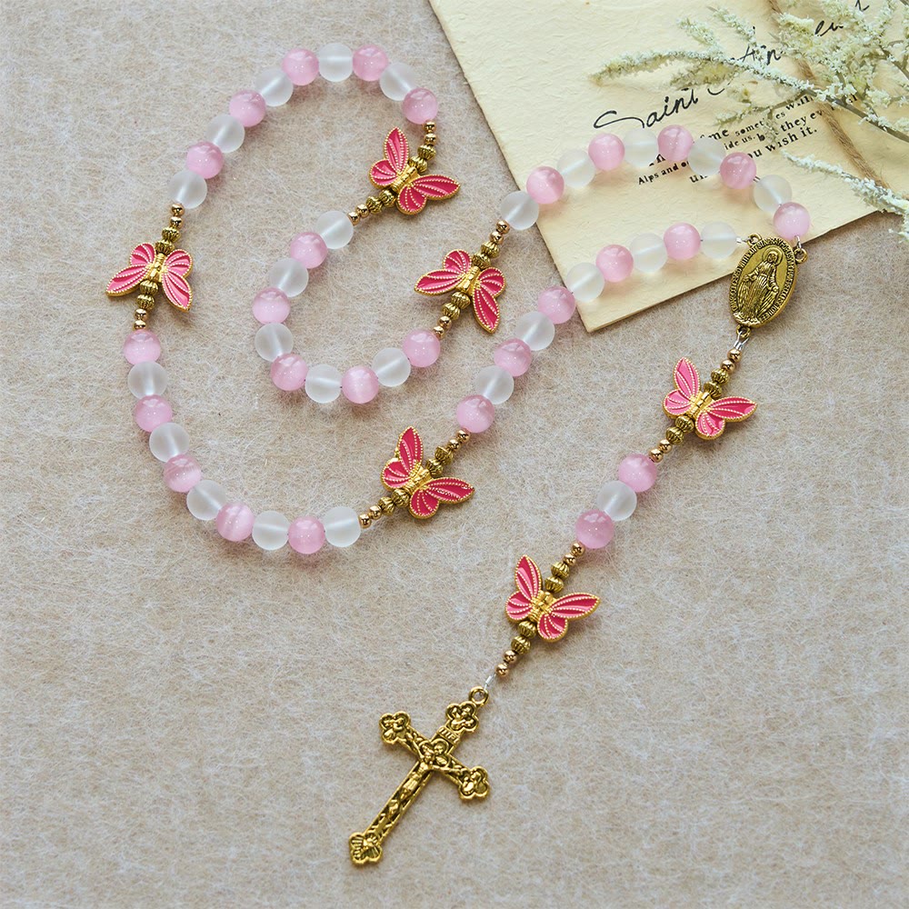 Purple/Pink Cat's Eye & Matte Glass Butterfly Blessed Rosary: Embody Sacred Love and Grace