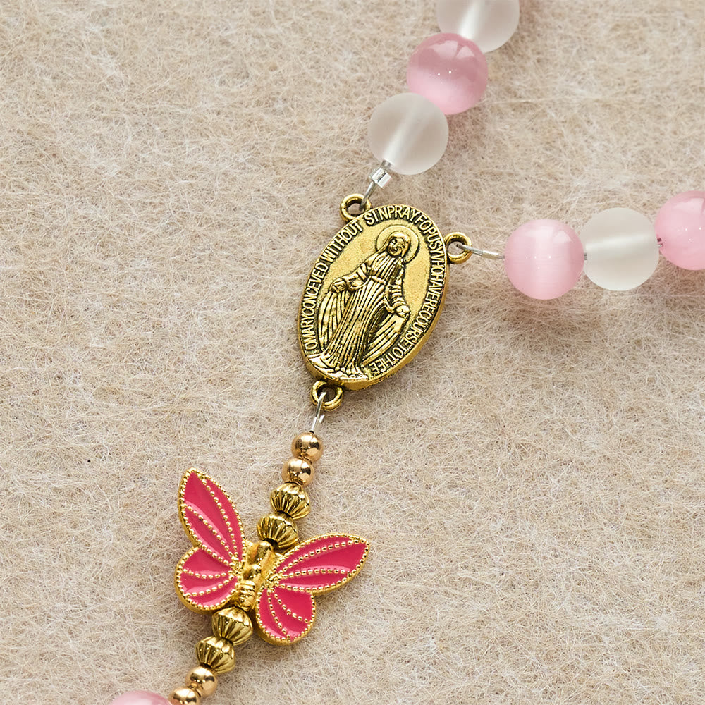 Purple/Pink Cat's Eye & Matte Glass Butterfly Blessed Rosary: Embody Sacred Love and Grace