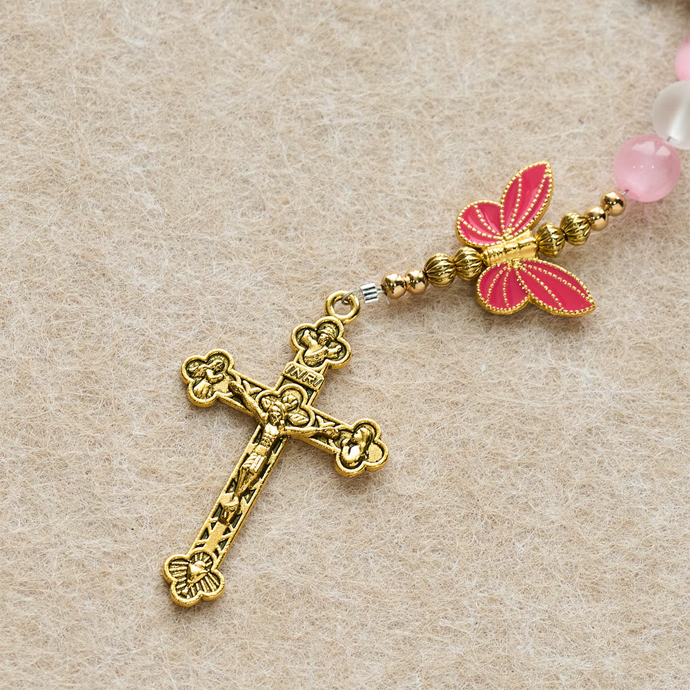 Purple/Pink Cat's Eye & Matte Glass Butterfly Blessed Rosary: Embody Sacred Love and Grace