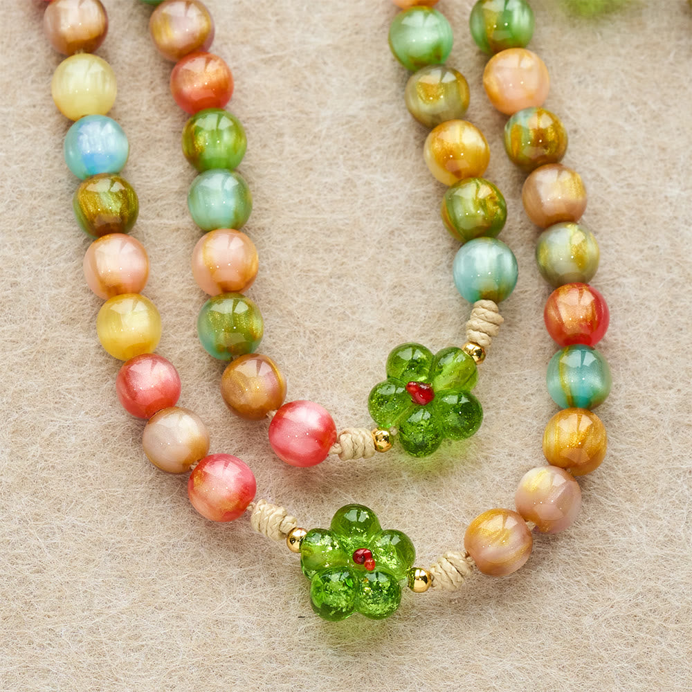 Green Flower Glass & Pastel Cat Eye Rosary with Our Lady Faith Cross