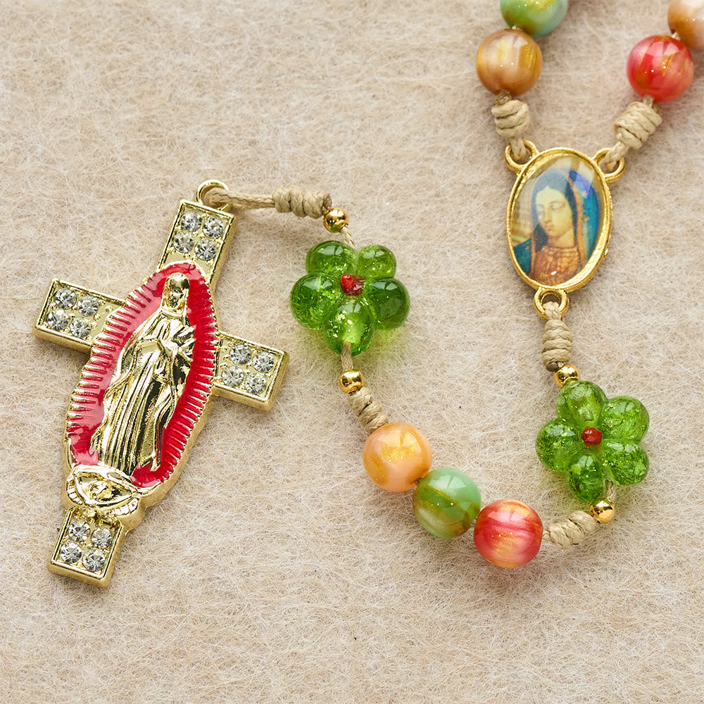 Green Flower Glass & Pastel Cat Eye Rosary with Our Lady Faith Cross
