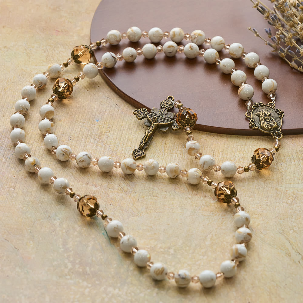 Calm White Shell Turquoise & Champagne Accents Detailed Rosary: Hold His Peace Close