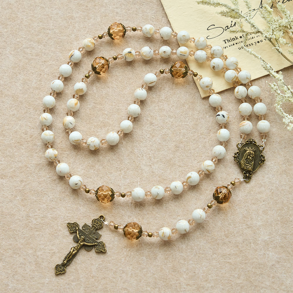 Calm White Shell Turquoise & Champagne Accents Detailed Rosary: Hold His Peace Close