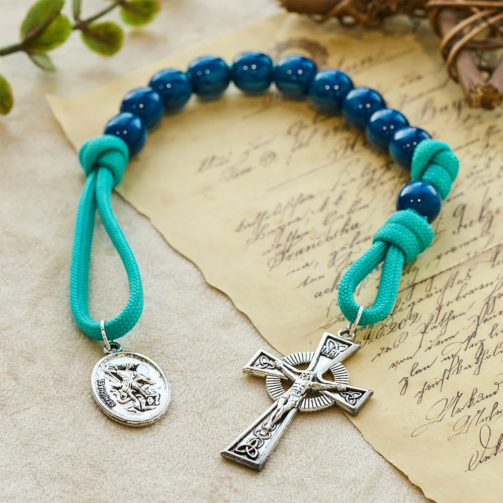 Navy Beads & Turquoise Cord Pocket Rosary with St. Michael Devotion