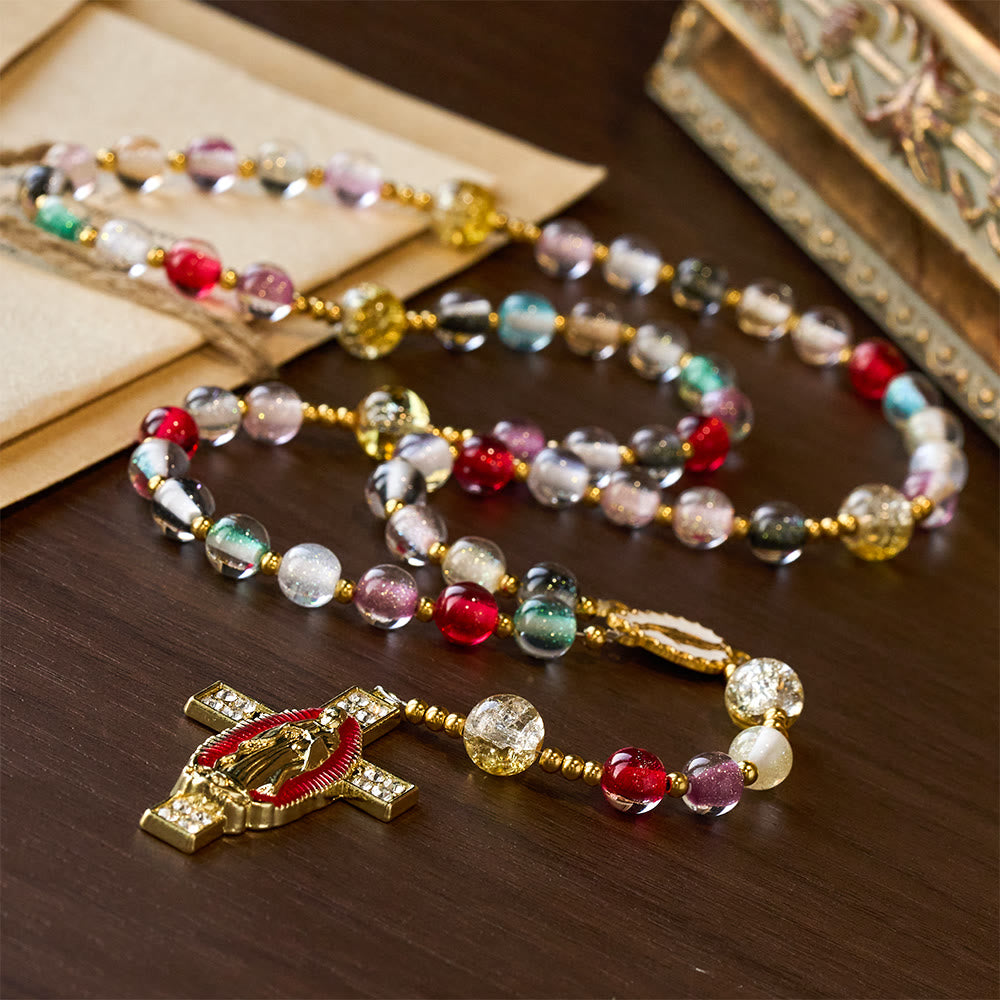 Rainbow Shimmer Cat's Eye Rosary with Our Lady Devotional Cross