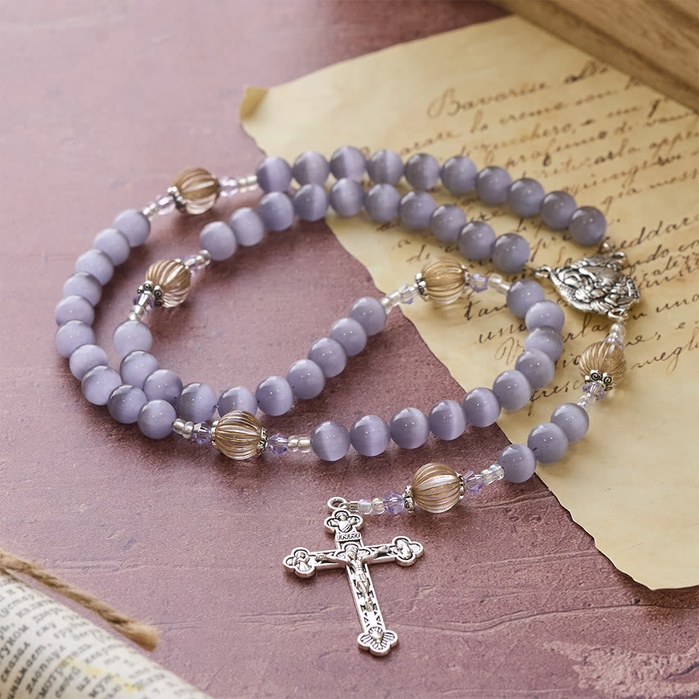 Purple Cat’s Eye & Champagne Lantern Bead Holy Family Rosary: Embody Serene Devotion