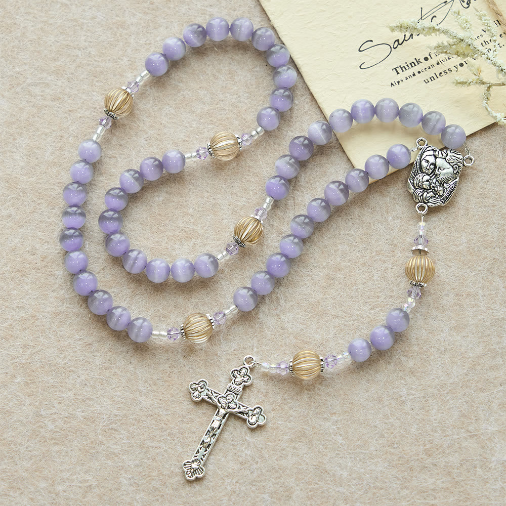 Purple Cat’s Eye & Champagne Lantern Bead Holy Family Rosary: Embody Serene Devotion