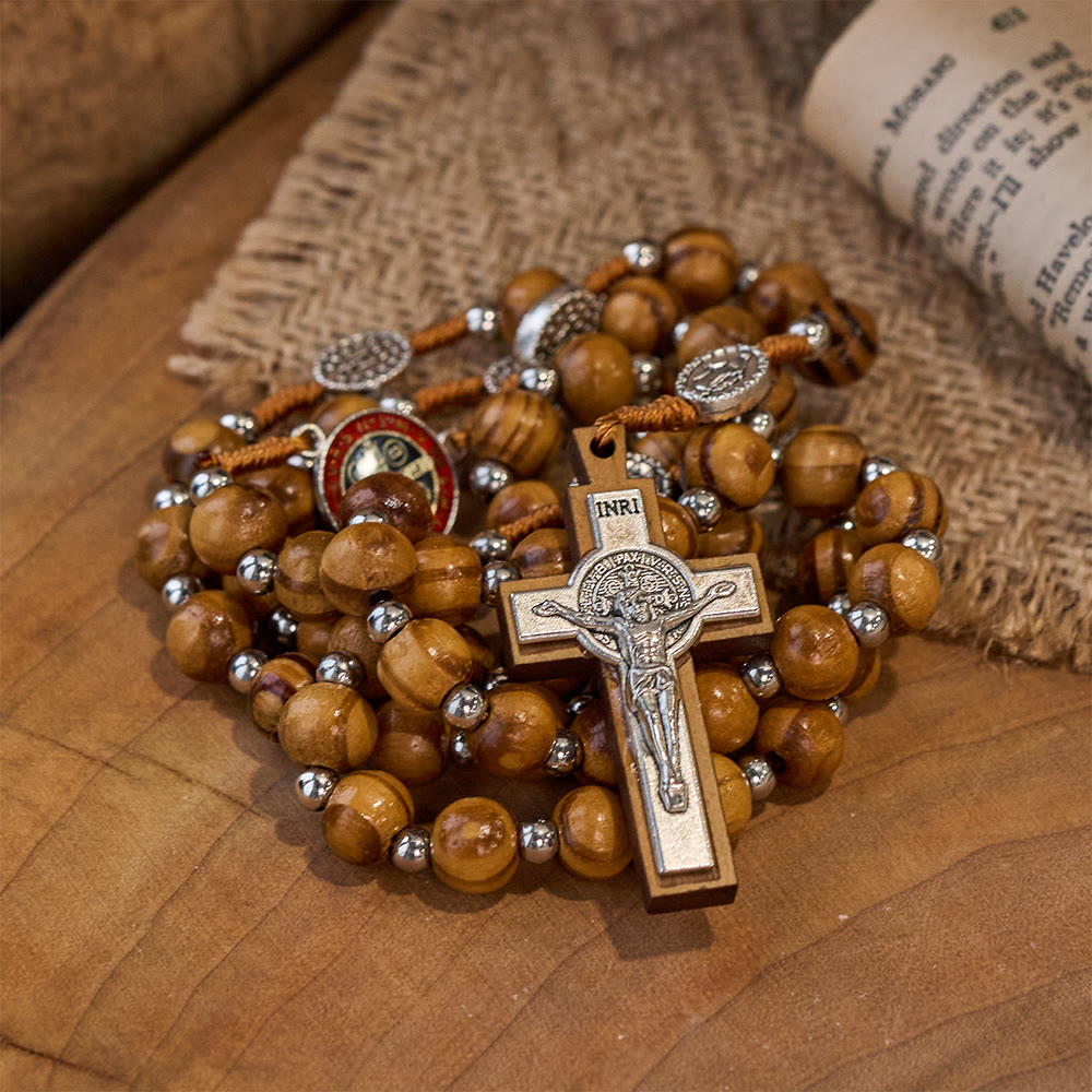 Natural Wood Handmade Rosary With Saint Benedict Cross