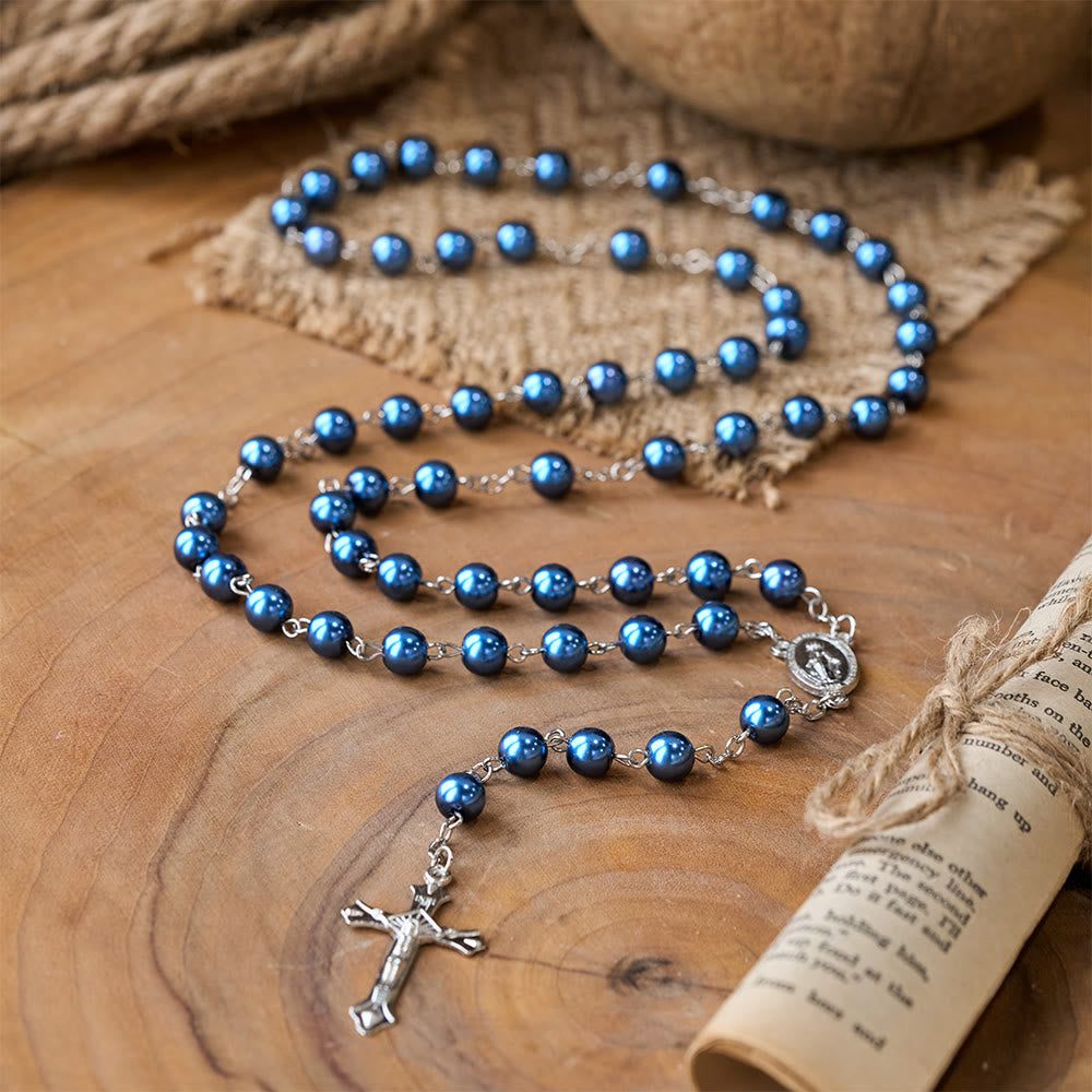 Royal Blue Pearl Beads Rosary with Holy Mother Medal & Crucifix
